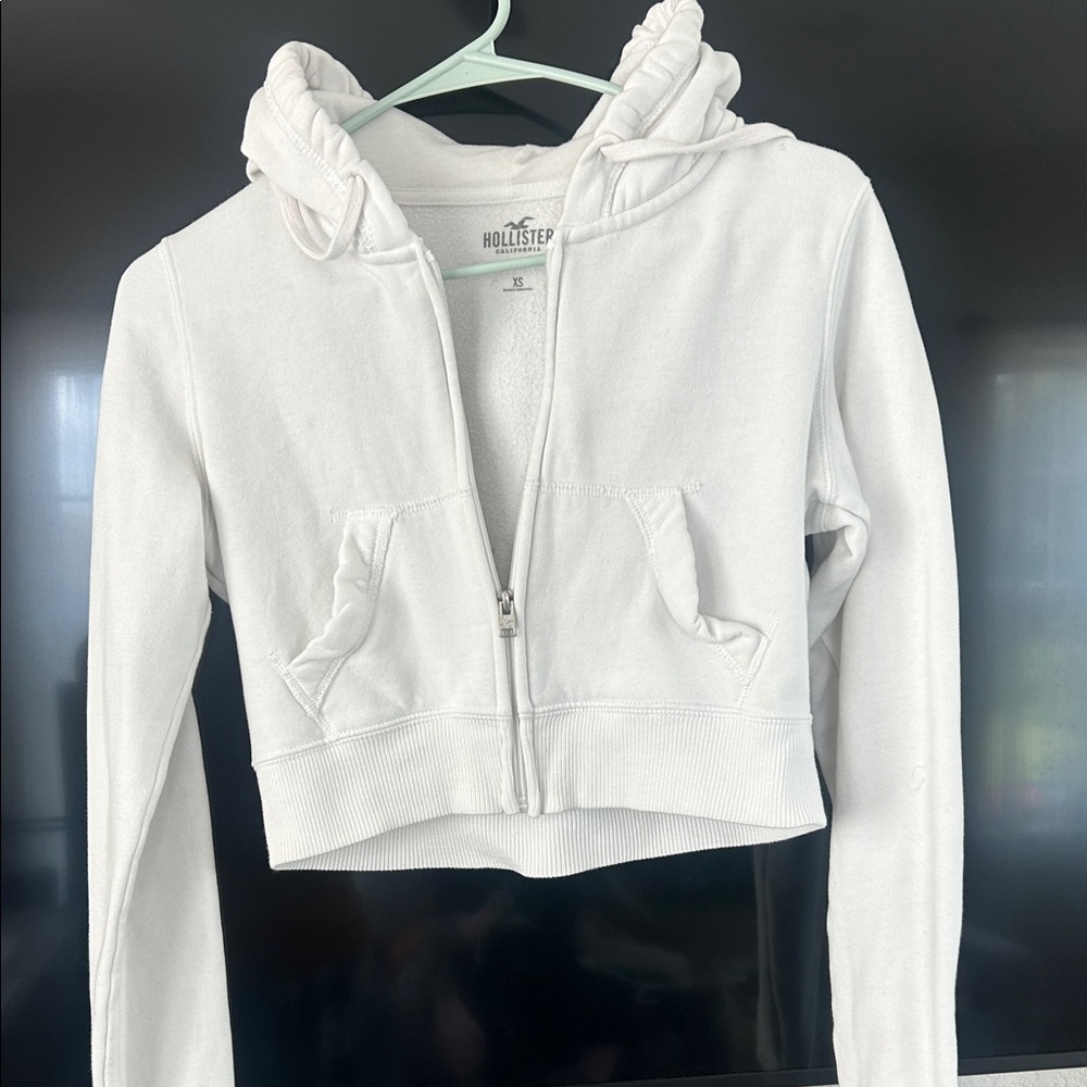 Hollister White Cropped Hoodie Jacket